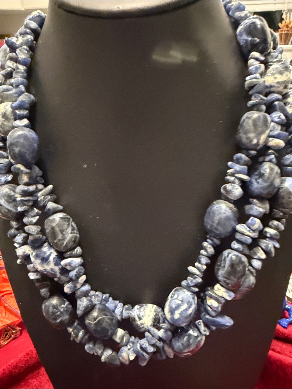 Tested sodalitestone triple Necklace magnetic closure gorgeous 18”good condition